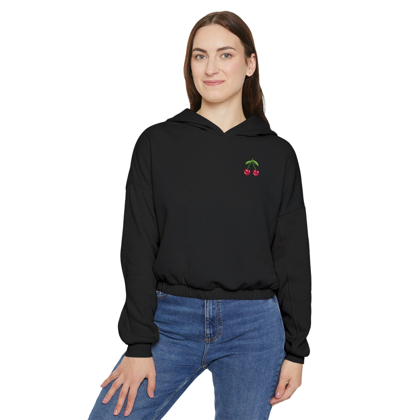 Chic Cherry Embroidered Cinched Bottom Hoodie for Women